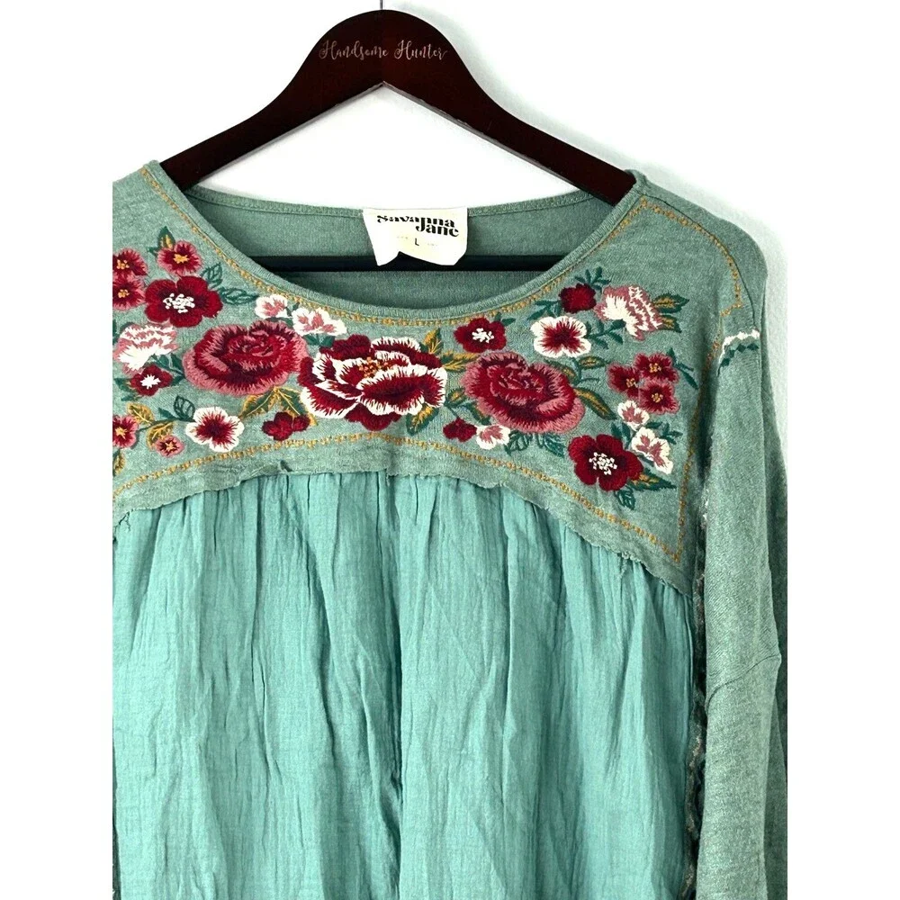 Savanna Jane Womens Long Sleeve Floral Embroidered Bohemian Top Size L 1359H1 - Picture 6 of 10